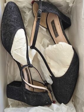 SJP by Sarah Jessica Parker Black Glitter T-Strap Block Heels